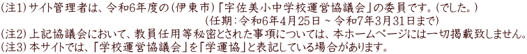 （注1）サイト管理者は、令和6年度の（伊東市）「宇佐美小中学校運営協議会」の委員です。(でした。） 　　　　　　　　　　　　　　　　　（任期：令和6年4月25日～令和7年3月31日まで） （注2）上記協議会において、教員任用等秘密とされた事項については、本ホームページには一切掲載致しません。 （注3）本サイトでは、「学校運営協議会」を「学運協」と表記している場合があります。